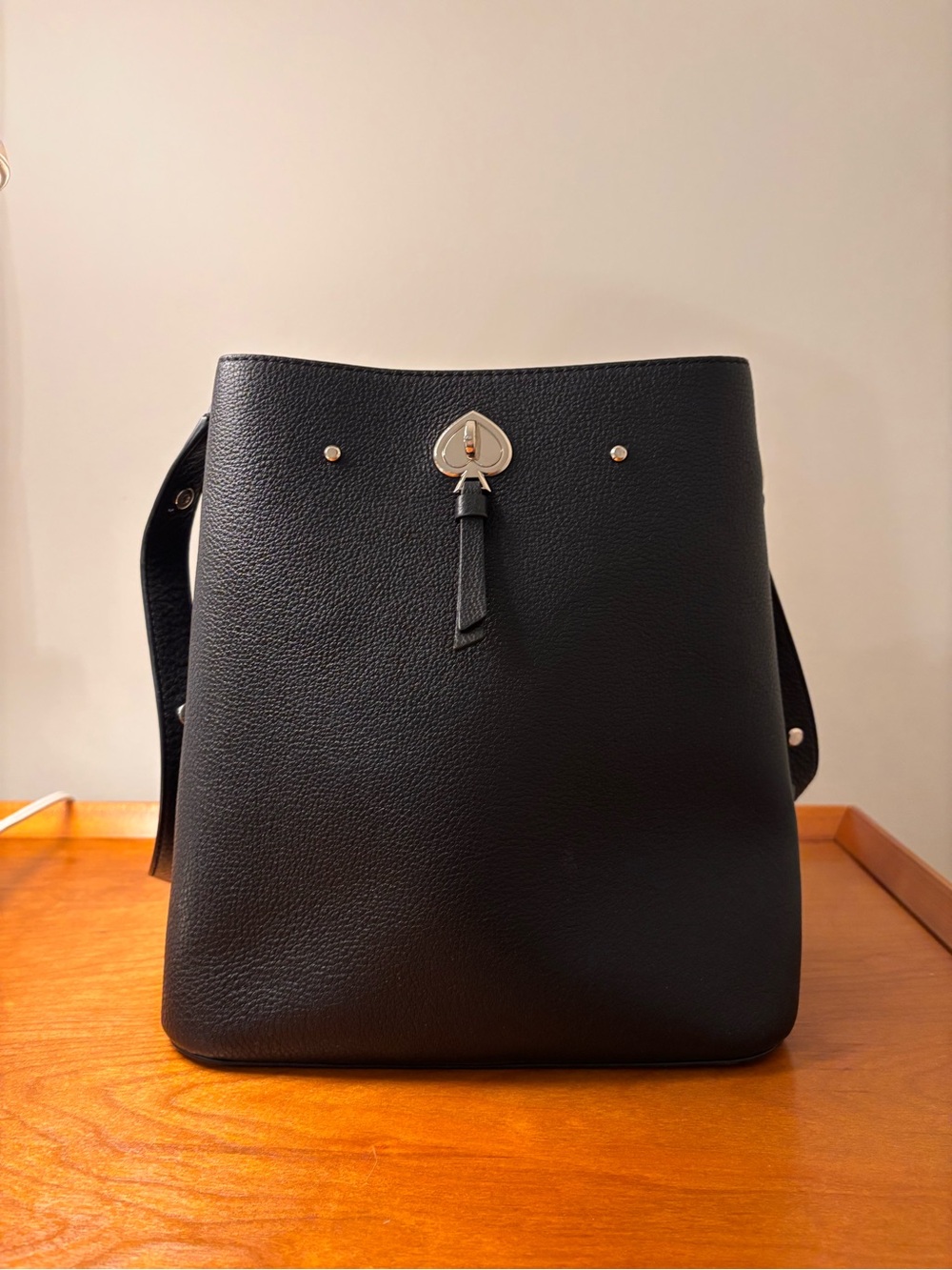 kate spade Black Pebbled Leather Bucket Shoulder Bag with Heart Turnlock